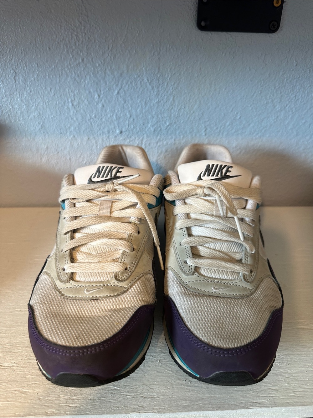 Nike Beige Mesh Sneakers with Purple and Teal Accents